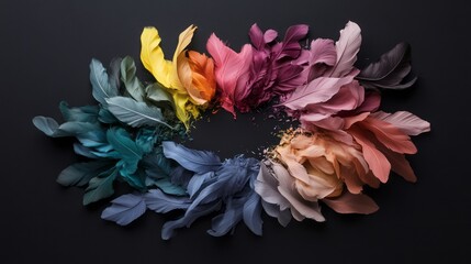 Colorful feather wheel on a black background, professional product photography. This image has the aesthetic of a magazine photoshoot.