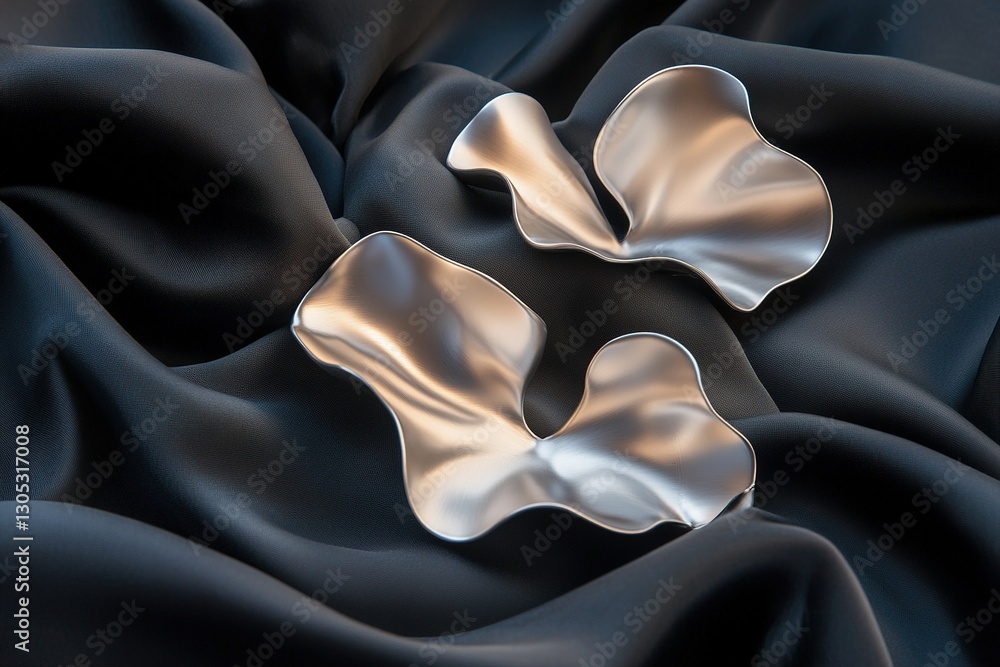 Poster floating chrome botanical shapes create a luxurious, futuristic atmosphere against a deep black silk