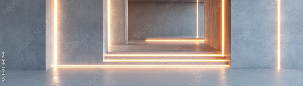 Poster exploration of a spacious futuristic corridor designed with sleek concrete and illuminated by soft g