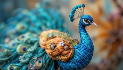 Fototapeta premium Exquisite handcrafted peacock figurine detailed feathers vibrant colors ornate design textile art