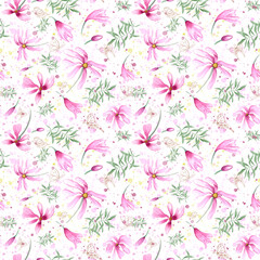 Spring abstract pink magnolia flowers, green leaves and fluttering golden butterflies seamless pattern on watercolor colored splashes. Bright floral ornate for textile, canvas, holiday package