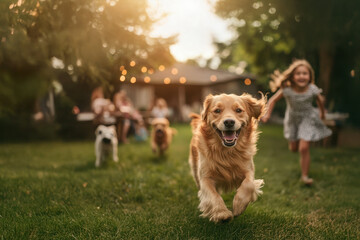 Outdoor Cookout with Happy Kids and Pet Dog