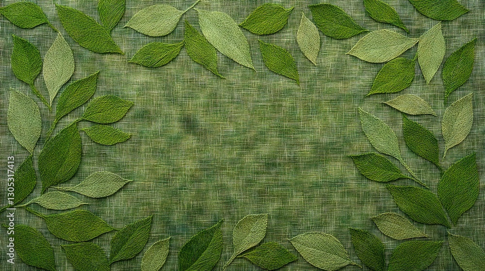 Poster a zoomed-in image of a green fabric with a cluster of leaves positioned at its center, surrounded by