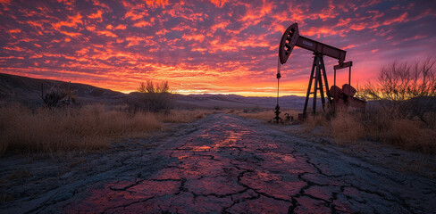A red and orange sky with a large oil pump in the foreground