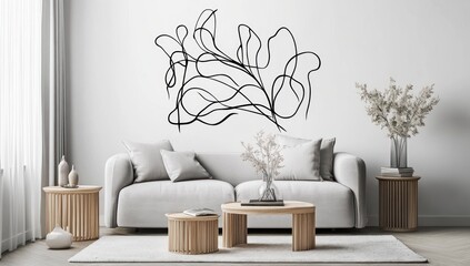 Abstract line art wall decor in a modern living room.