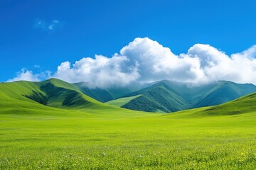 Fototapeta premium Green pasture with gentle slopes and a sunny sky.