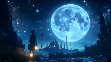Naklejka premium Girl with lantern, moonlit mosque, starry night