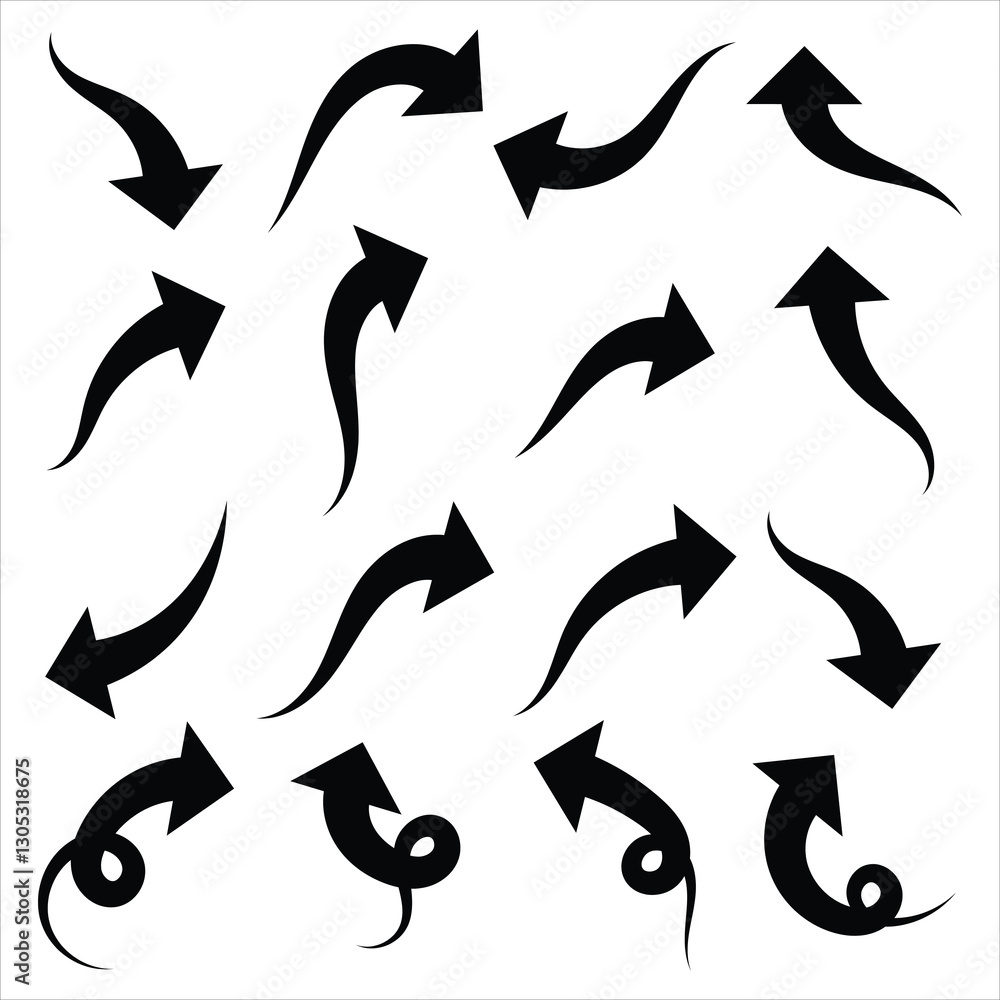Poster curved arrow icons set. curved arrows in black. vector arrow symbol collection isolated on white bac