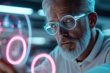 Senior entrepreneur focuses on developing an AI project in a modern office filled with holographic displays and ambient neon lighting. Innovation thrives in this spacious environment
