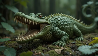 Naklejka premium Realistic Green Crocodile Model in Lush Forest Setting Wildlife Animal Figure