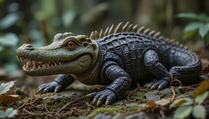 Fototapeta premium Detailed Alligator Figurine in Forest Setting Wildlife Toy