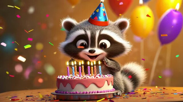 Cartoon raccoon with cake. Selective focus