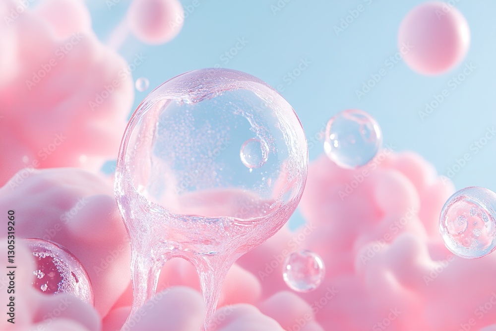 Poster vibrant pastel blobs create a surreal backdrop, featuring soft-focus iridescent bubbles that shimmer