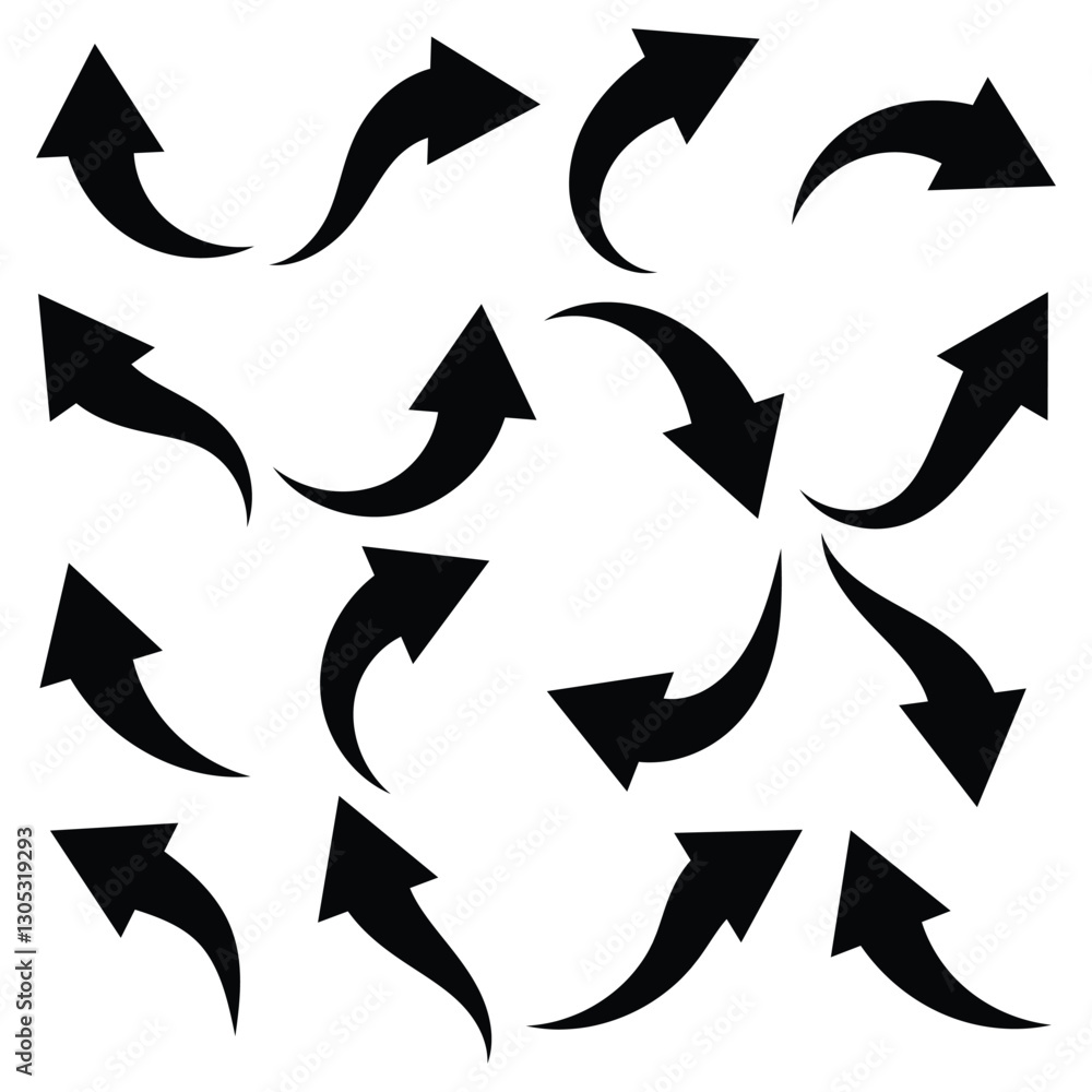 Poster set of black arrow icons. arrow direction indicators and up, down, right and left. curved arrow icon