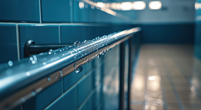 A close-up view of a stainless steel handrail glistening with water droplets in a clean, tiled indoor environment during daylight hours. The blue tiles create a refreshing atmosphere - Powered by Adobe