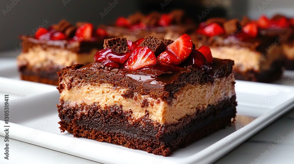 Poster   A zoomed-in image of a cake with strawberries placed on top, while the rest of the cake is visible in the background