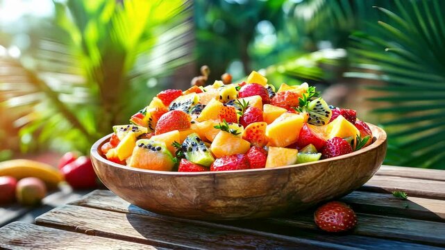 fruit salad on the beach background. Selective focus