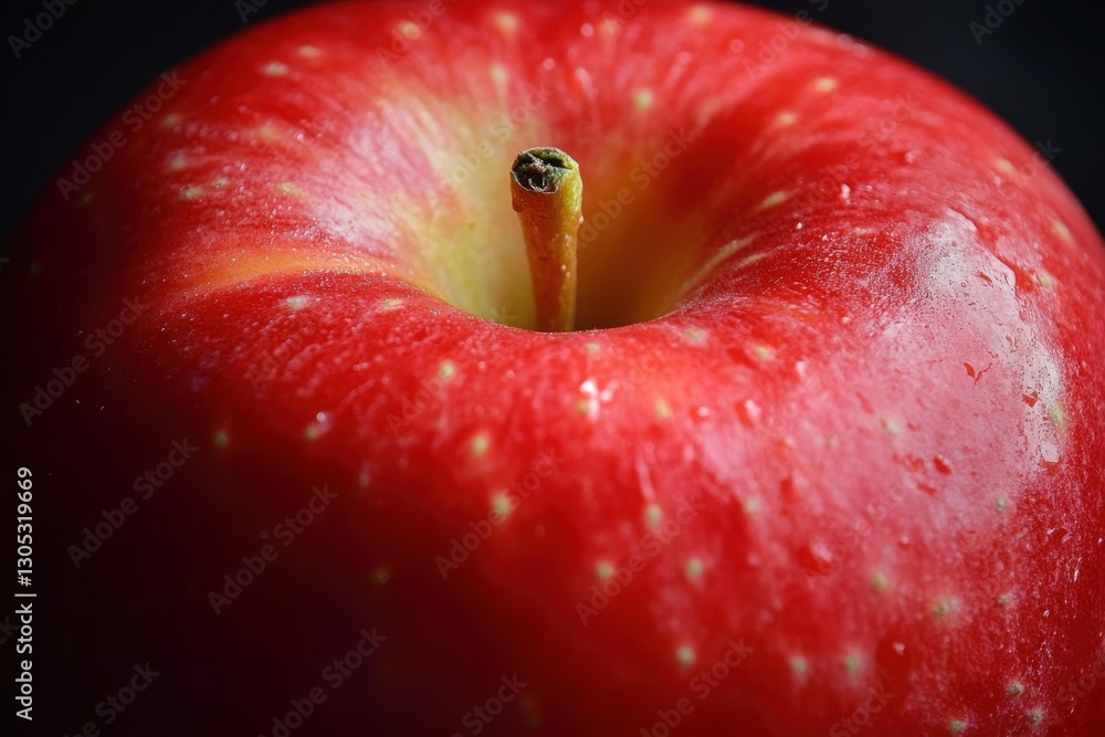 Poster bright red apple with water droplets resting on a dark surface during the afternoon