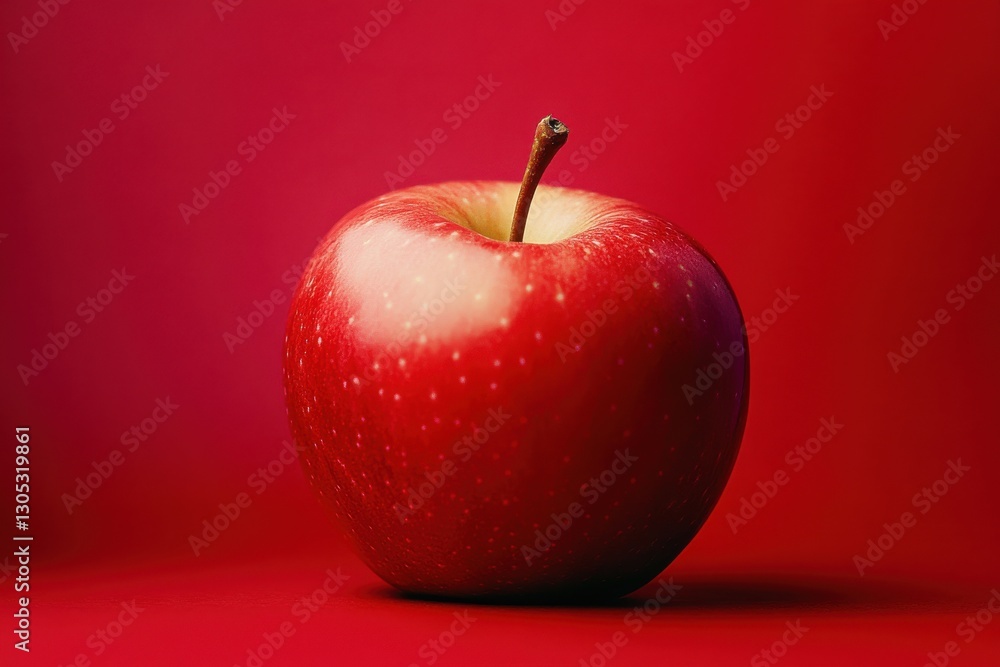 Poster fresh red apple resting on a smooth surface with a vibrant red backdrop, showcasing its natural shin