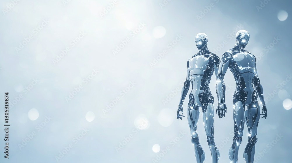 Poster futuristic robots in a sleek environment.
