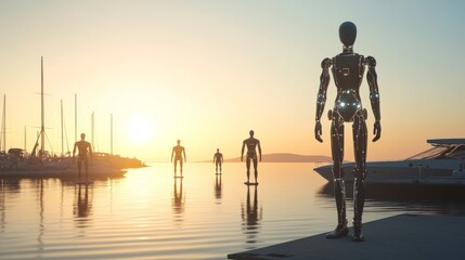Futuristic robots by a serene waterfront