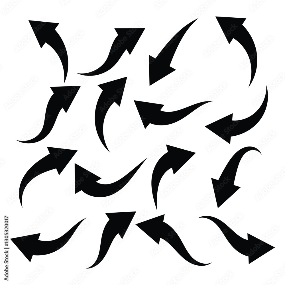 Poster set of black arrow icons. arrow direction indicators and up, down, right and left. curved arrow icon