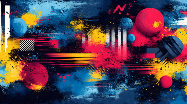 A dynamic and colorful abstract digital painting featuring bold geometric shapes, paint splatters, and high-energy brush strokes