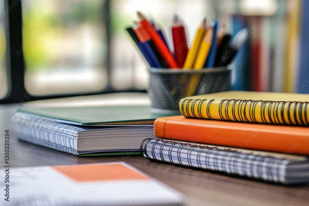 Poster study materials arranged on a desk with notebooks and colorful pencils in a well-lit room during the