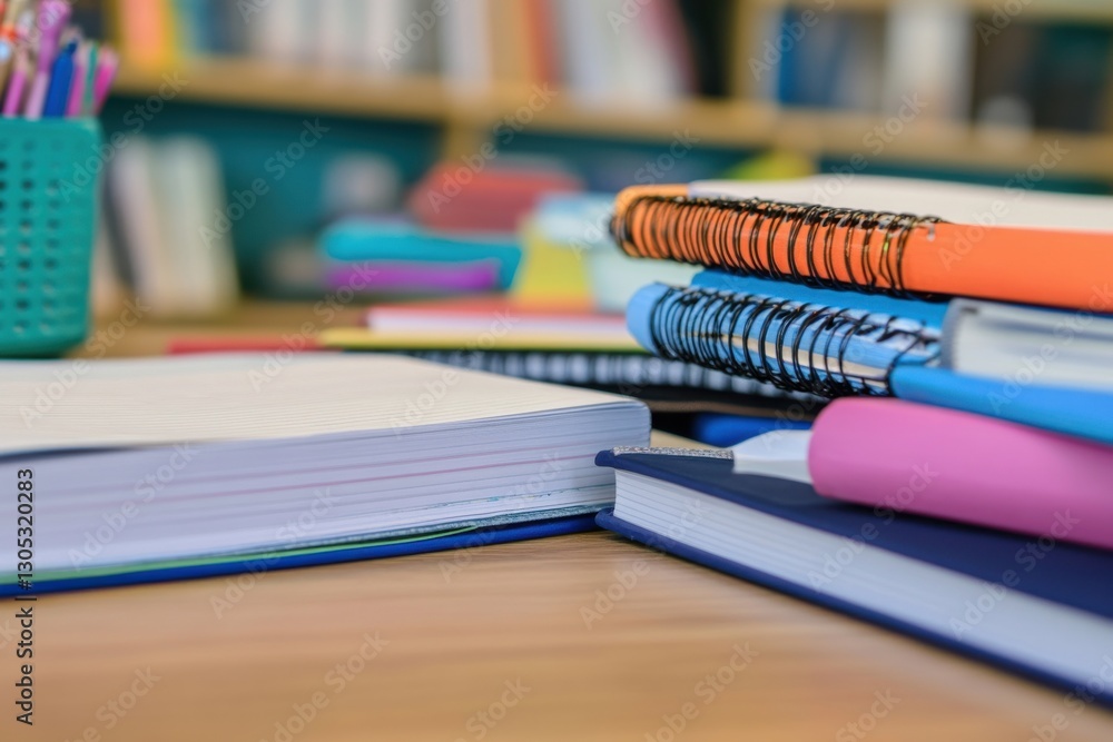Aufkleber Study materials arranged on a wooden table in a vibrant classroom during the afternoon