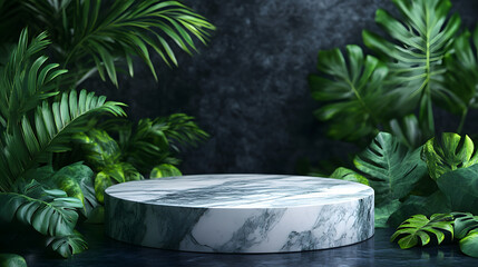 A high-end product display scene featuring a white marble podium surrounded by lush tropical green leaves