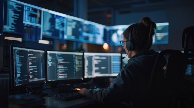 A person wearing headphones works with computer monitors coding