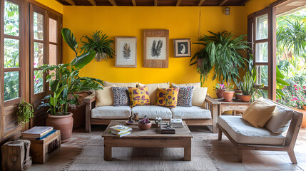 A vibrant and cozy Brazilian-style living room with a warm yellow accent wall, wooden furniture, and lush indoor plants