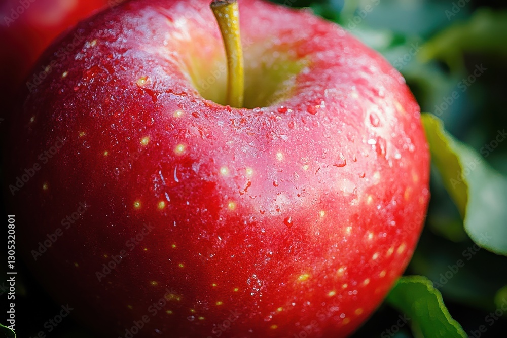Poster fresh red apple covered in water droplets resting on green leaves in a natural setting