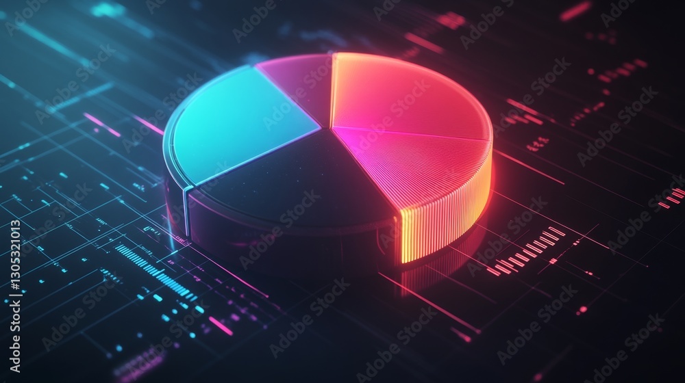 Aufkleber a futuristic d pie chart with a top-down view, segmented with smooth gradients, glowing effect, no t