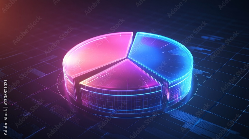 Aufkleber a futuristic d pie chart with a top-down view, segmented with smooth gradients, glowing effect, no t