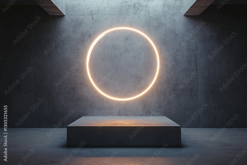 Poster high-end brutalist chamber with a floating neon ring creating soft ambient light. the space features