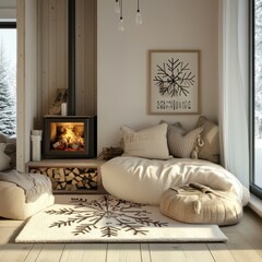 Cozy winter cabin interior with a fireplace and reading nook