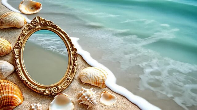 beach stones shells mirror. Selective focus