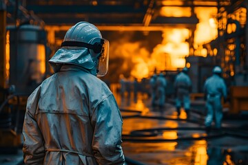Fototapeta premium Industrial Firefighter Observing Blaze in Factory Safety Gear Emergency Response