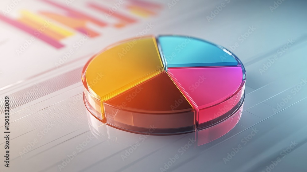 Poster a professional d pie chart with sharp edges and a metallic or glass-like finish, suitable for busine