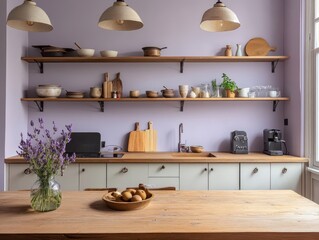 A modern kitchen interior with shelves and wooden surfaces