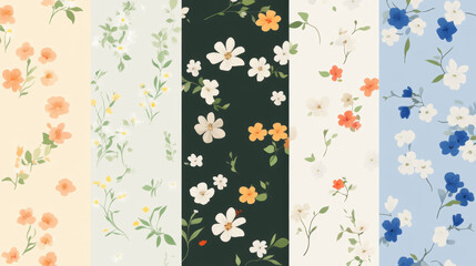 Delicate floral patterns featuring tiny blooms and leaves in soft pastel and vibrant colors, arranged on various backgrounds including cream, green, and blue