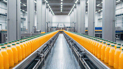 food technology concept, Automated beverage bottling plant with orange juice bottles on conveyor
