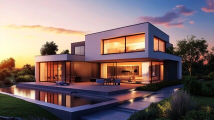 A sleek modern house with large glass windows, warm interior lighting, and a scenic sunset in the background.
