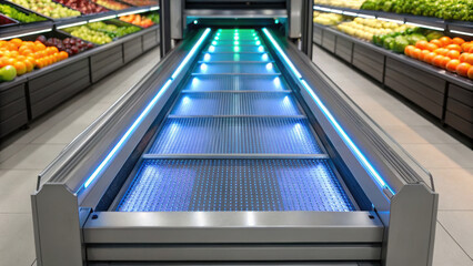 Obraz premium food technology concept, High speed UV sterilization system for fresh produce in grocery store