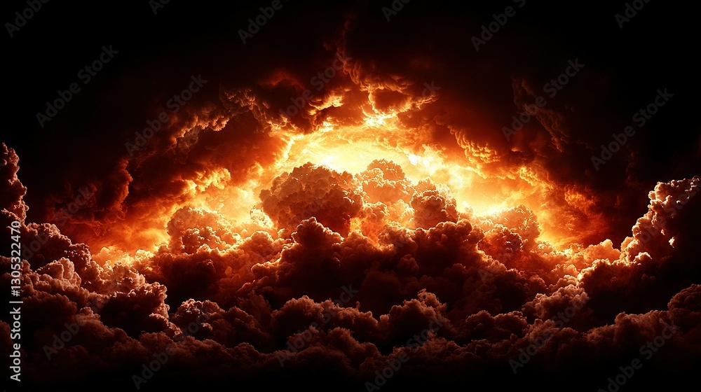 Poster a cluster of clouds shrouded in darkness with a luminous beam emanating from the focal point of the 