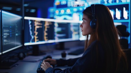 Young woman wearing headphones works with data on monitors