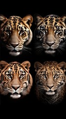 Observation of a lioness, tiger, cheetah, and puma in their natural grace and elegance, highlighting their unique features and expressions