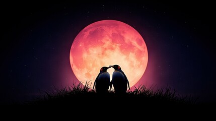   Two penguins standing together in front of the moon