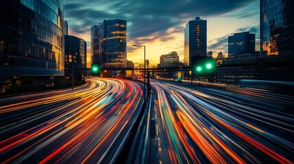 Fototapeta premium Rush hour in a modern city, where the glow of headlights and taillights create mesmerizing streaks of light, with a green traffic light glowing under a deepening evening sky.